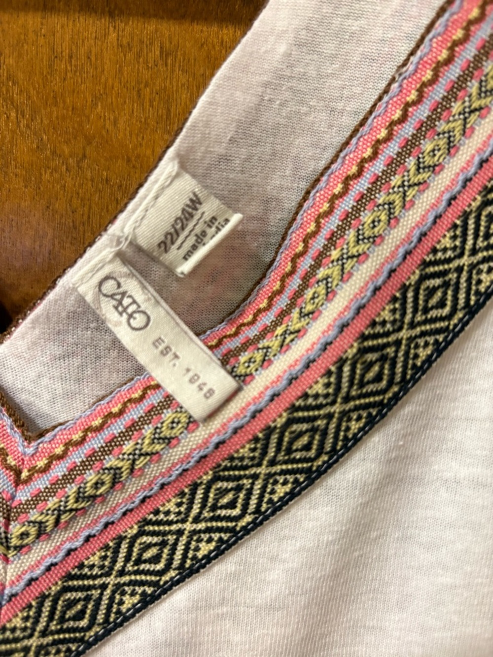 Cato White V-Neck Top with Pink & Black Embroidered Trim - Picture 4 of 6